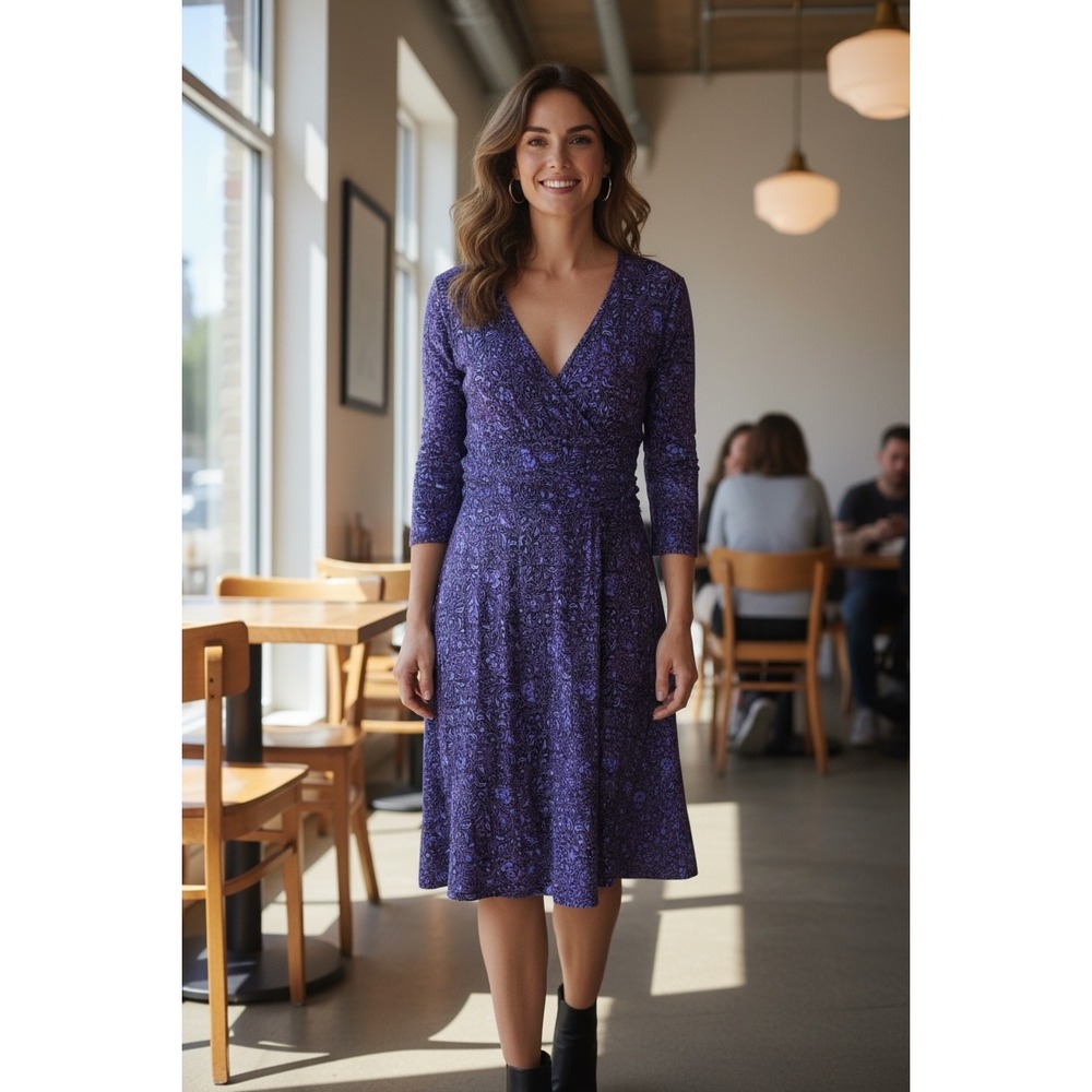 Patagonia Purple Blue Paisley Organic Cotton Wrap Dress 3/4 Sleeve Sz M Outdoor